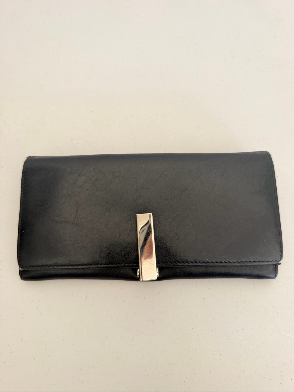 Vintage Salvatore Ferragamo Black Leather Clutch Wallet with Silver-Tone Bar